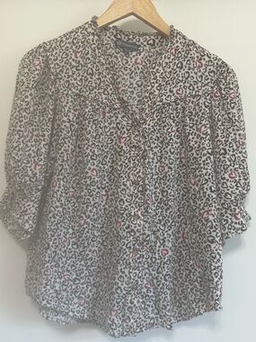 Democracy Cream Leopard Print Blouse with Pink Heart Accents